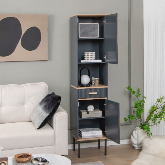Free-Standing Bathroom Cabinet Narrow Linen with Doors and Drawer-Gray - Image 3