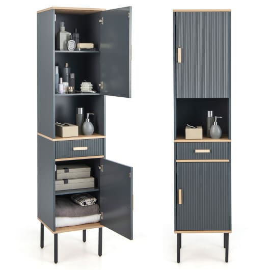 Free-Standing Bathroom Cabinet Narrow Linen with Doors and Drawer-Gray - Image 4