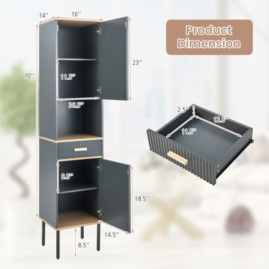 Free-Standing Bathroom Cabinet Narrow Linen with Doors and Drawer-Gray - Image 5