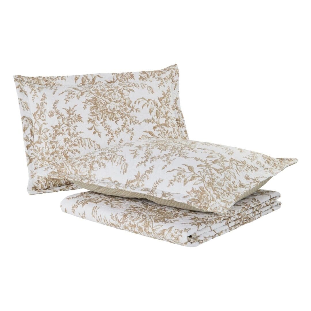 King size 3 PC Bed-in-a-Bag Bohemian Floral Cotton Quilt Set - White & Beige - Image 3